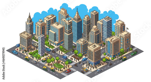 Detailed isometric illustration of a bustling city with modern skyscrapers, busy streets, traffic, and pedestrians.