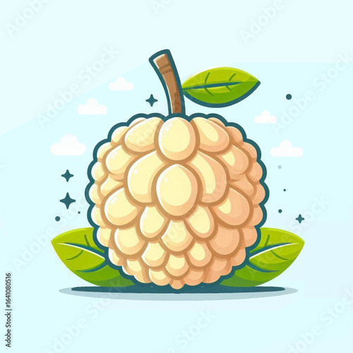 Cartoon custard apple with a brown stem and green leaves on a light blue backdrop