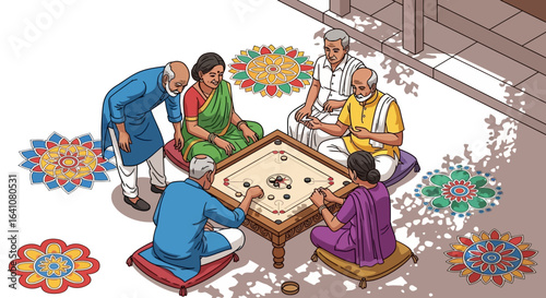 Diverse group of people enjoying a lively game of carrom indoors