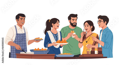 Diverse group of people enjoying Indian snacks and tea together