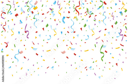 Vibrant multi colored confetti explosion with metallic serpentine ribbons and sparkling glitter particles, isolated on white background, for party celebration, events, and festive decoration designs