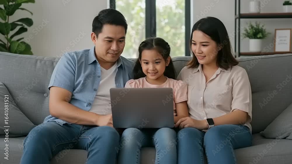 Family using laptop together on a couch Family using laptop together on a couch