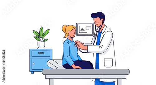 Doctor Examining Patient with Stethoscope and Heartbeat Monitor Display