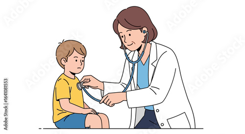 Doctor examining young boy with stethoscope during medical checkup