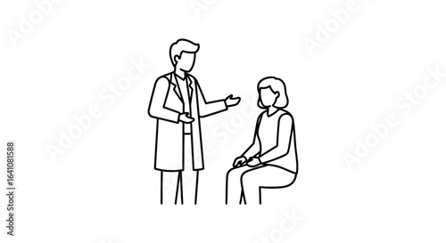 Doctor in lab coat consulting with seated patient, line art illustration