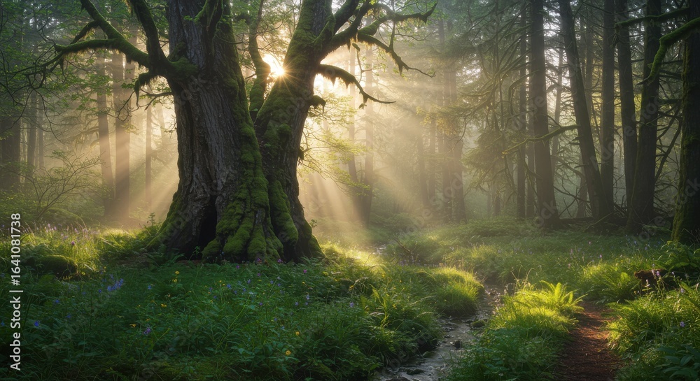 Fototapeta premium Magical Sunrise in a Mossy Forest.