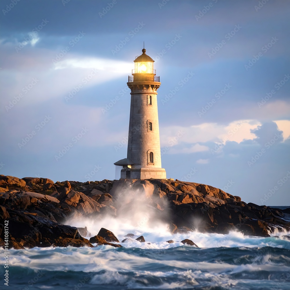 Naklejka premium Coastal lighthouse with bright beam against dramatic sky and crashing waves
