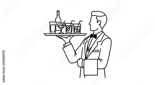 Elegant Waiter in Tuxedo Serving Assorted Drinks on a Tray