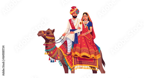 Elegant Indian wedding couple in traditional attire riding a colorfully decorated camel.