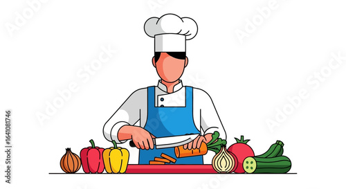 Faceless chef illustration in a toque hat and blue apron, skillfully slicing fresh vegetables with a knife on a red cutting board.