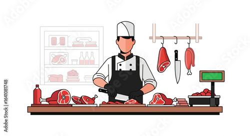 Faceless butcher character in uniform slicing raw meat on a counter with a cleaver.
