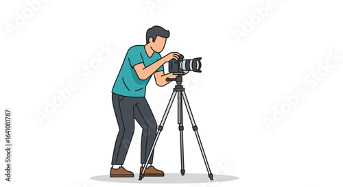 Faceless male photographer in a teal shirt adjusting a DSLR camera mounted on a stable tripod.