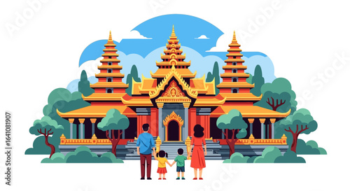 Family of four with two children sightseeing at a grand traditional Southeast Asian temple.