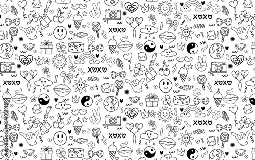 hippie retro doodle set peace love good vibe cute kawaii hand drawn seamless pattern