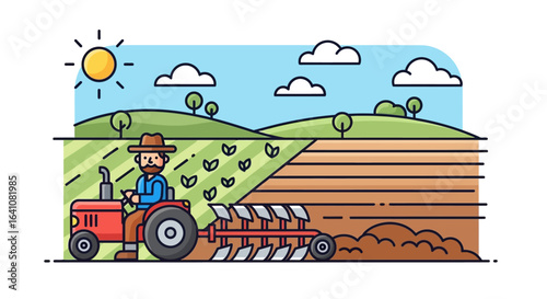 Farmer driving red tractor plowing a field under a sunny sky