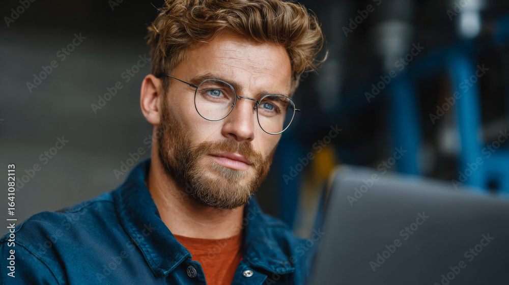 Fototapeta premium Focused Analyst at Work: A close-up shot captures a focused individual engrossed in their work, clad in a casual shirt, with spectacles perched on their nose.