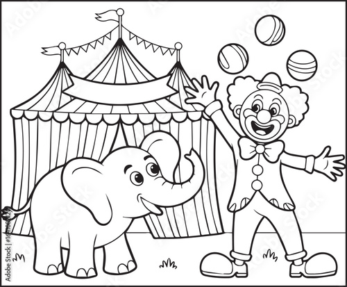 Circus clown showing funny circus black line art vector illustration coloring page for kids