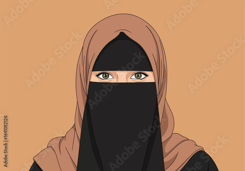 Serene Muslim Woman Niqab Portrait:  Elegant, Illustrated Vector Art, Calm Expression.