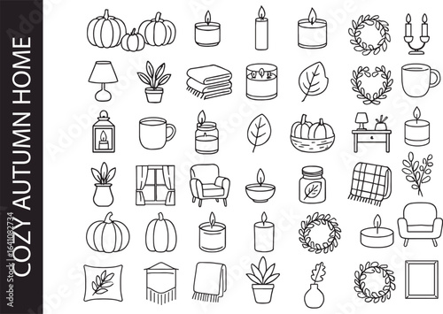 Cozy Autumn Home Decor Line Icon Set. Fall & Hygge Lifestyle Symbols.
