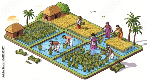 Farmers Harvesting Rice in Lush Green and Golden Fields with Traditional Huts