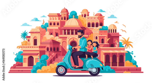 Father and two daughters riding a turquoise scooter through a vibrant Indian cityscape.
