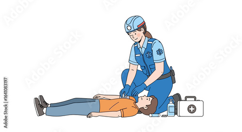 Female paramedic in a blue uniform and helmet performing CPR on an unconscious man.