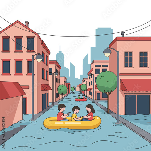Children in a yellow inflatable boat navigate a flooded city street, facing the camera.