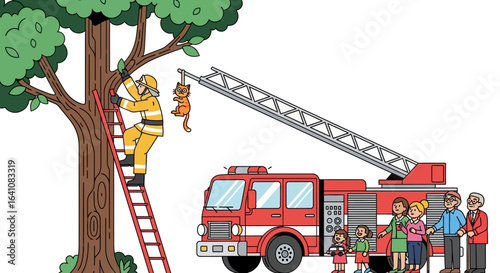 Firefighter Rescues Orange Cat Stuck in Tree with Ladder and Fire Truck