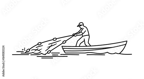 Fisherman in a boat pulling a fishing net through the water