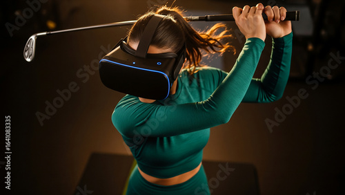 VR golf swing training with precise top-down motion and warm gym lighting.