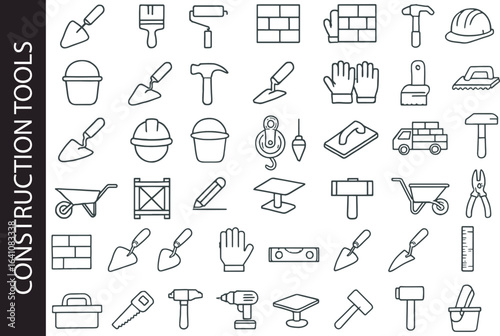 Masonry & Construction Tools Line Icon Set. Bricklayer & Builder Symbols.