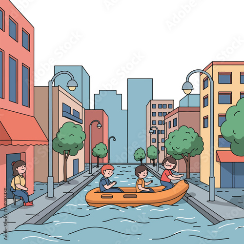 People navigate flooded city streets in a small inflatable boat, observing the damage.