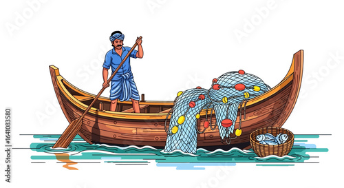 Fisherman Rowing Boat with Net and Basket of Fish