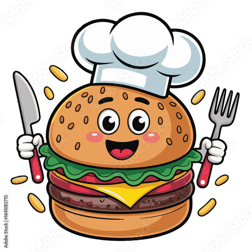 A cheerful cartoon chef presents a delicious hamburger with all the fixings, including cheese, lettuce, and a sesame bun, perfect for a fun meal or a fast-food restaurant illustration