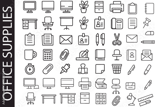 Office Supplies & Workplace Equipment Line Icon Set. Business & Stationery Symbols.