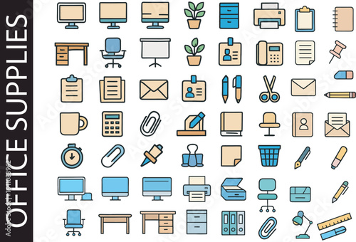 Office Supplies & Workplace Equipment Color Icon Set. Business & Stationery Symbols.