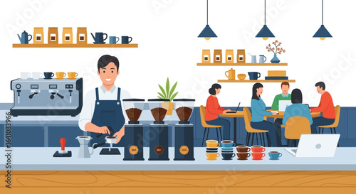 Friendly Barista Preparing Coffee Behind Counter with Espresso Machine