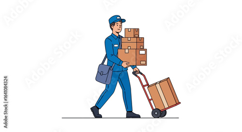 Friendly postman in a blue uniform, carrying a stack of cardboard boxes and pulling a red hand truck.