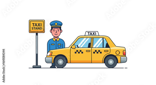 Friendly Taxi Driver Standing Next to Yellow Taxi at a Taxi Stand
