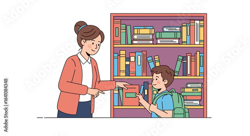 Friendly teacher helping a young student with a backpack choose a book from a colorful library bookshelf.