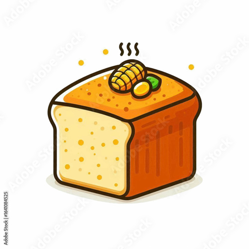 Cartoon loaf cake orange top with yellow spots topped with cooked corn and limelike fruit