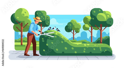 Gardener with Hat Trims Lush Green Hedge with Shears, Birds Perched