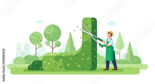 Gardener with Hedge Trimmers Sculpting a Lush Green Bush