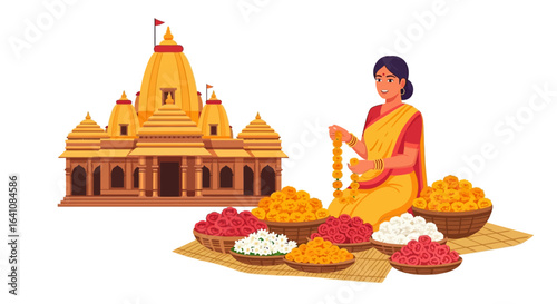 Golden Indian Temple and Smiling Woman Crafting Marigold Garlands from Vibrant Flower Baskets