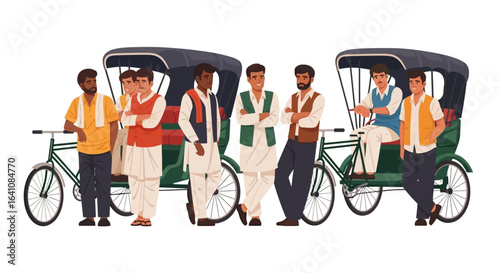 Group of diverse Indian men in traditional attire with rickshaws, standing and sitting, detailed flat illustration
