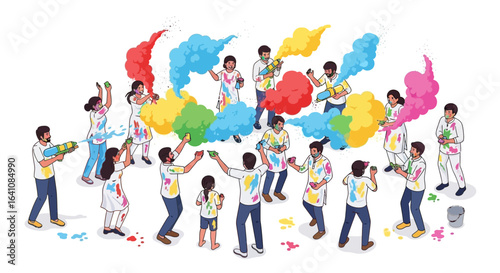 Group of People Celebrating Holi Festival with Colorful Powder and Water Guns