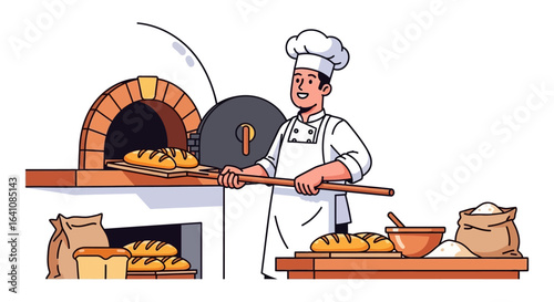 Happy Baker Removing Freshly Baked Loaves from Brick Oven