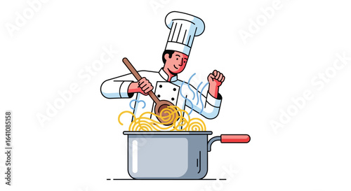 Happy cartoon chef in a white uniform stirring steaming spaghetti in a pot.