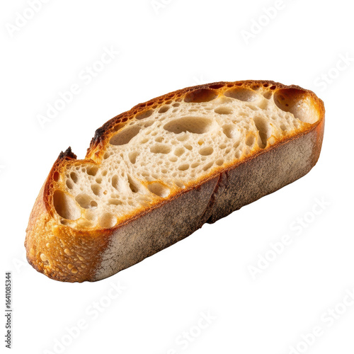 A single slice of toasted artisan sourdough bread with a crispy golden crust isolated on white.