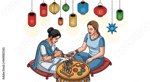 Henna artist applying intricate mehndi design on woman's hand, sitting on cushions with supplies.